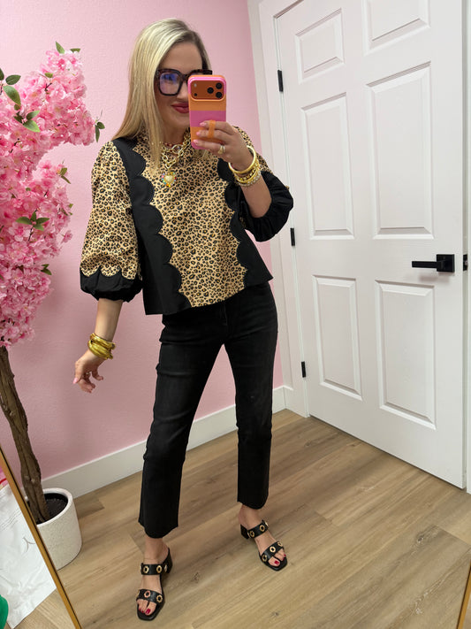 Leopard Taupe High Collar V Neck Top