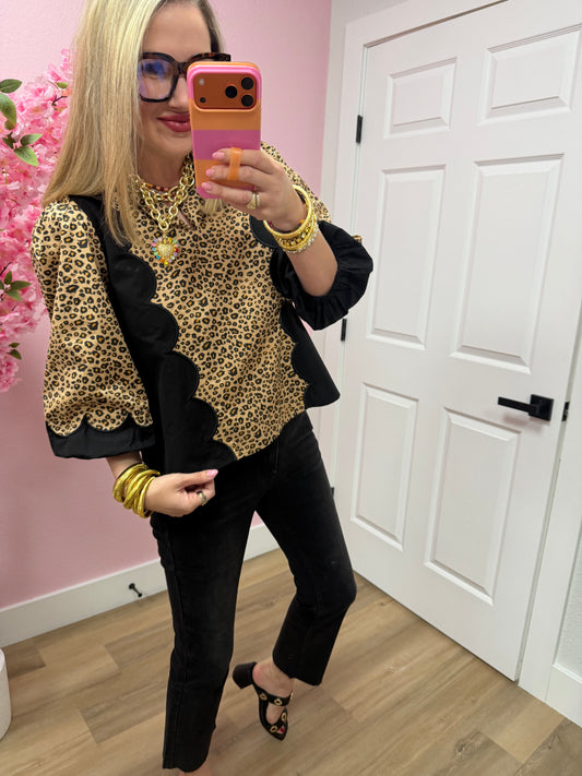 Leopard Taupe High Collar V Neck Top