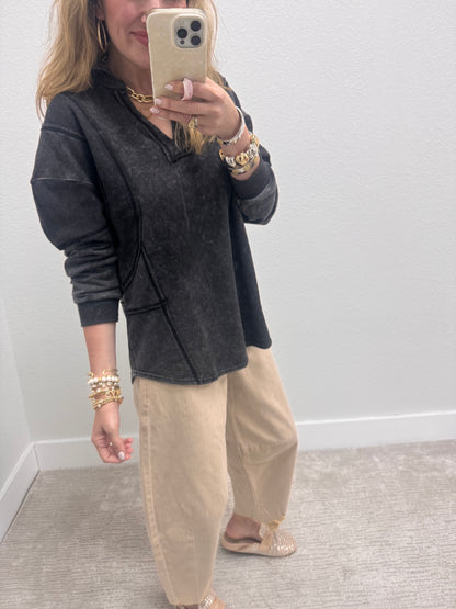 Black Mineral Washed French Terry Knit Top