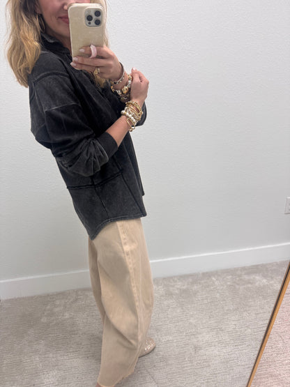 Black Mineral Washed French Terry Knit Top