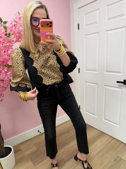 Leopard Taupe High Collar V Neck Top