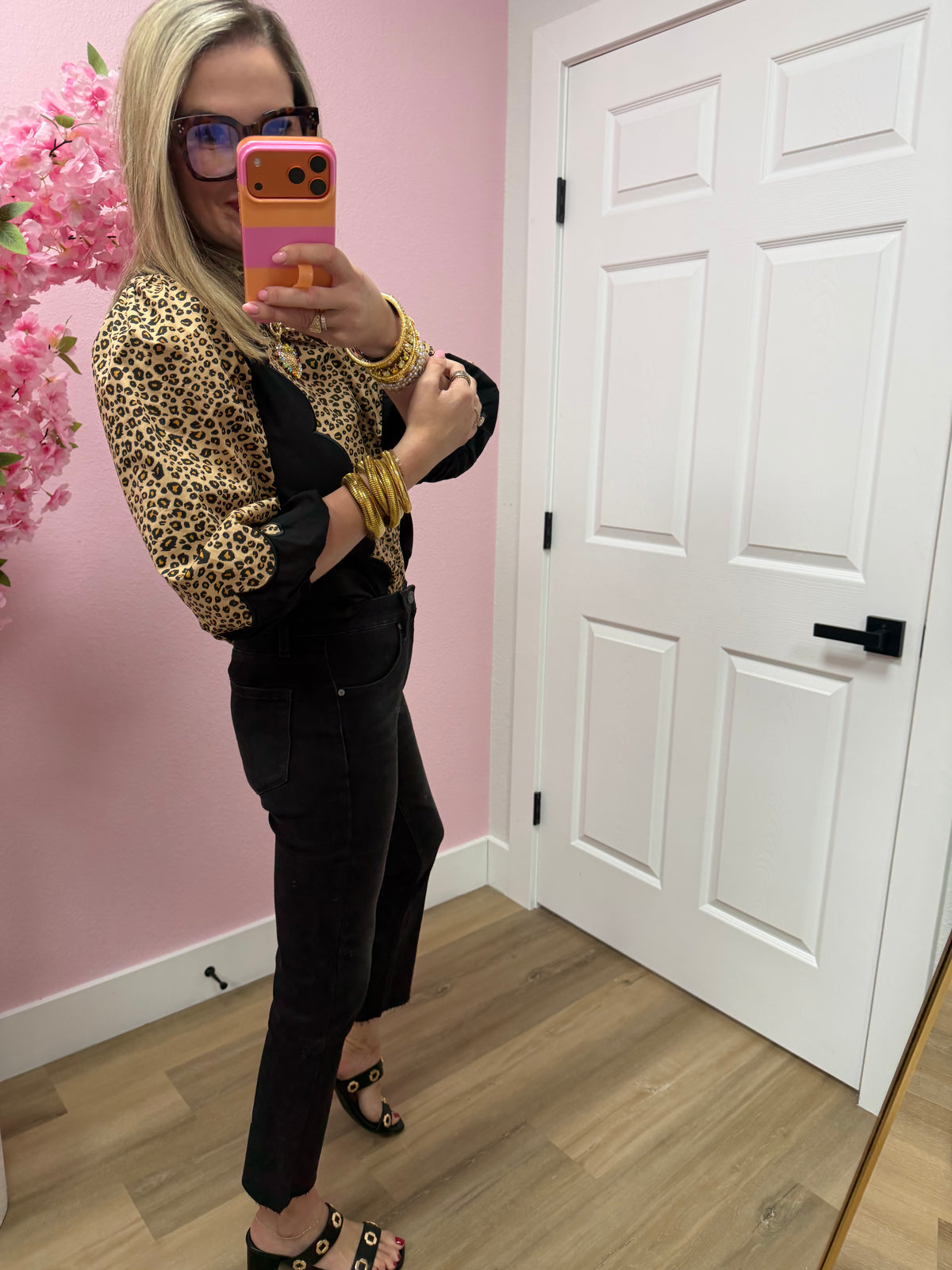 Leopard Taupe High Collar V Neck Top
