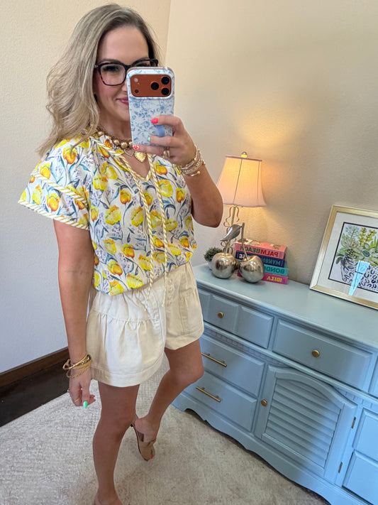 Yellow Short Sleeve Woven Floral Print Top with Stripe Contrast Detail