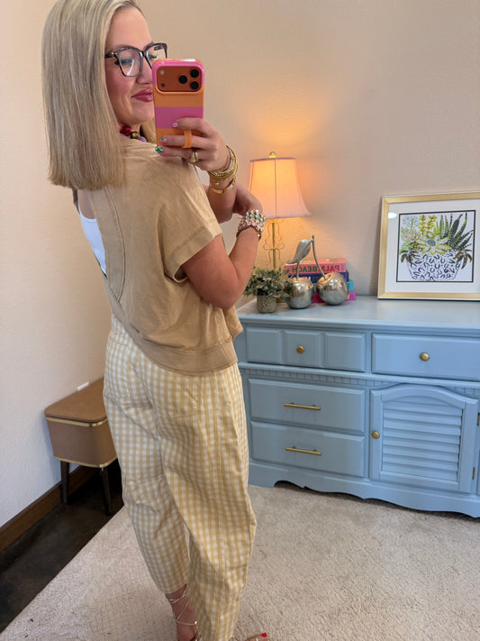 Dark Yellow Washed Gingham Printed Twill Barrel Pants