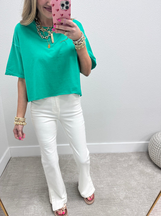 Kelly Green Washed Cropped Boxy Short Sleeve FS