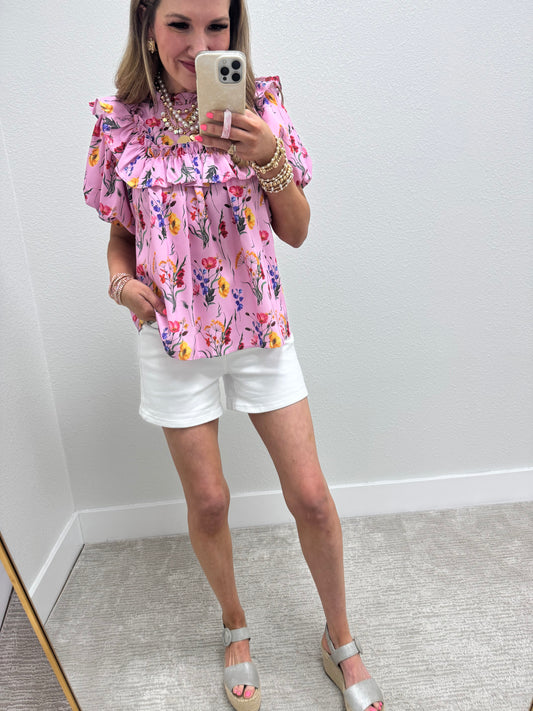 Pink Floral Print Smocked Top Ruffle Sleeve