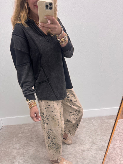 Black Mineral Washed French Terry Knit Top