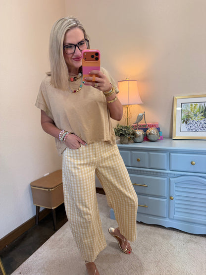 Dark Yellow Washed Gingham Printed Twill Barrel Pants