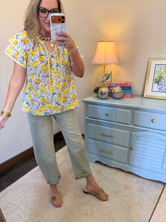 Yellow Short Sleeve Woven Floral Print Top with Stripe Contrast Detail