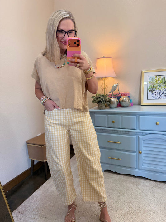 Dark Yellow Washed Gingham Printed Twill Barrel Pants