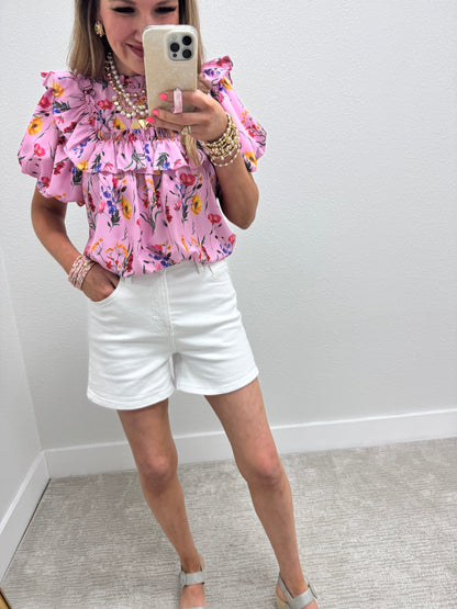 Pink Floral Print Smocked Top Ruffle Sleeve