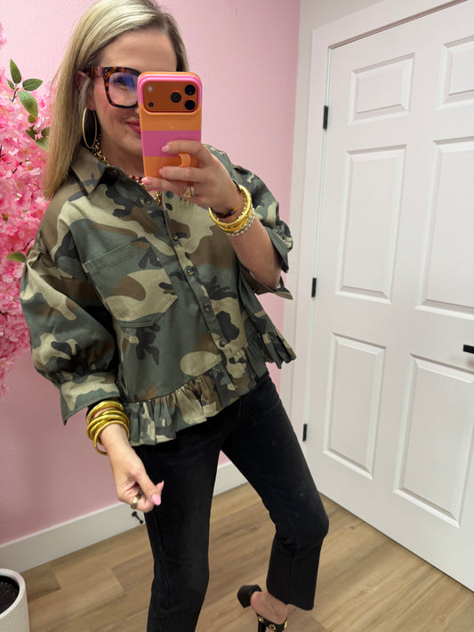 Camo Printed Ruffle Hem Button Down Blouse