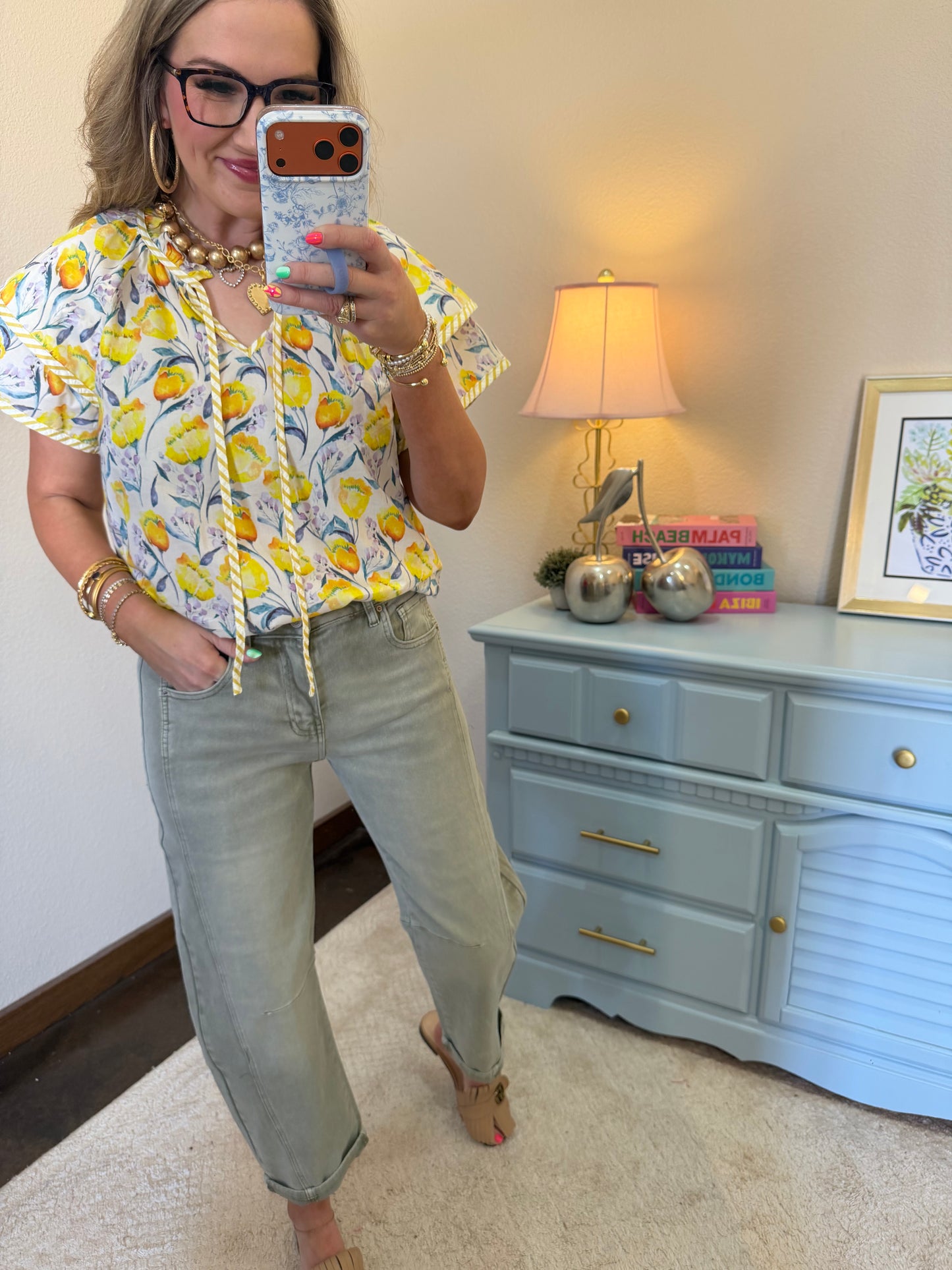 Yellow Short Sleeve Woven Floral Print Top with Stripe Contrast Detail