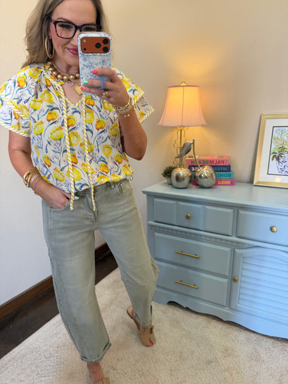 Yellow Short Sleeve Woven Floral Print Top with Stripe Contrast Detail