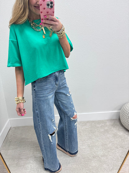 Kelly Green Washed Cropped Boxy Short Sleeve FS