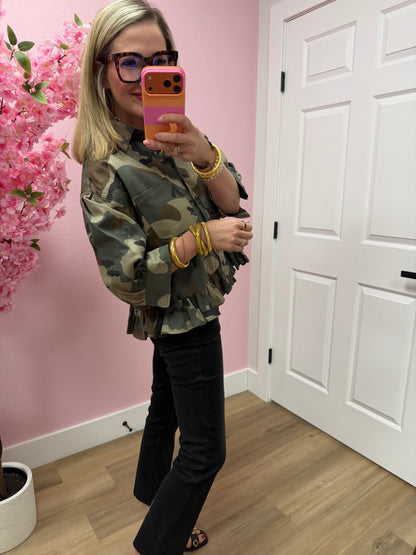 Camo Printed Ruffle Hem Button Down Blouse