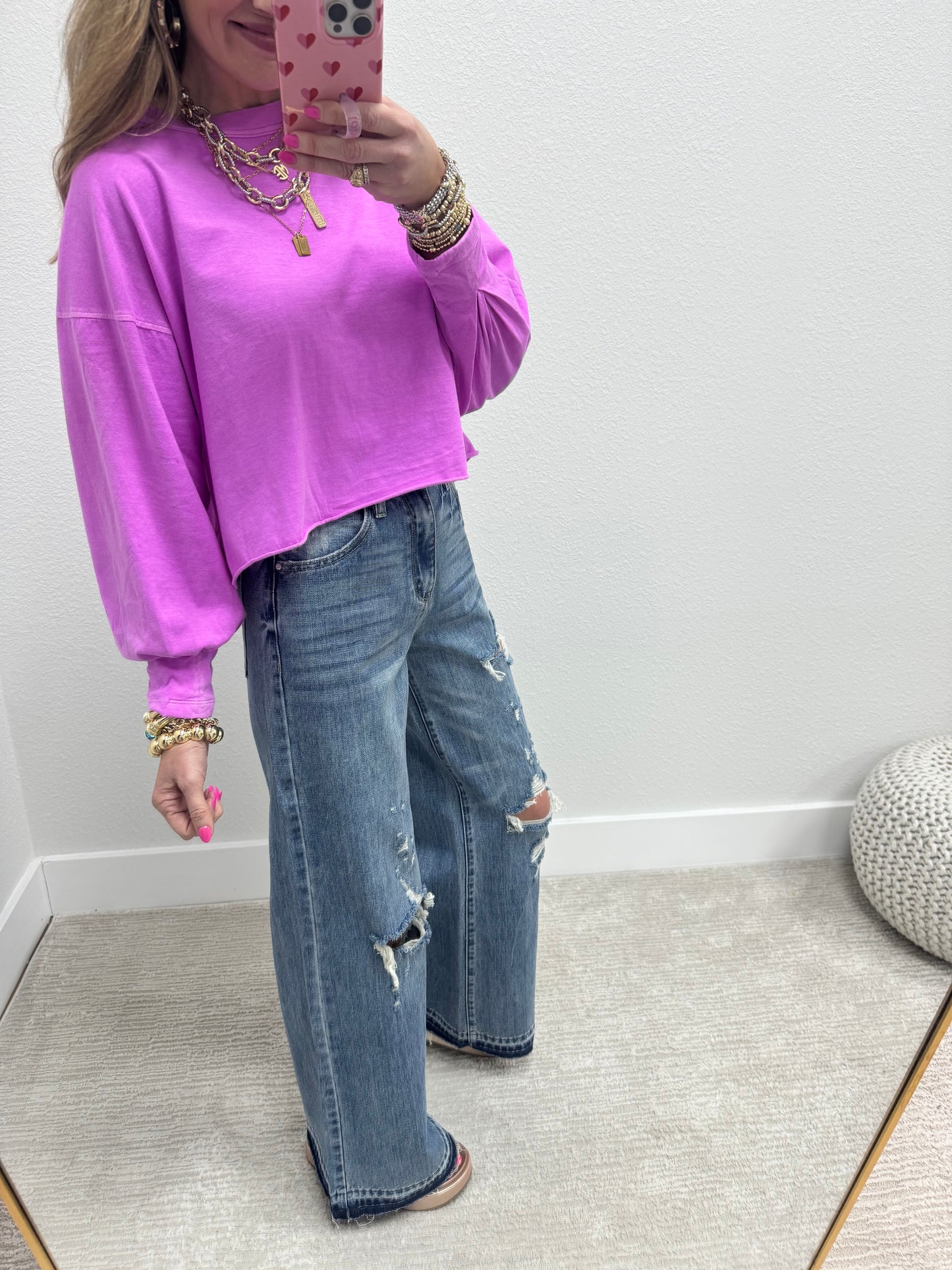 Bright Mauve Gather Sleeve Crop Long Sleeve