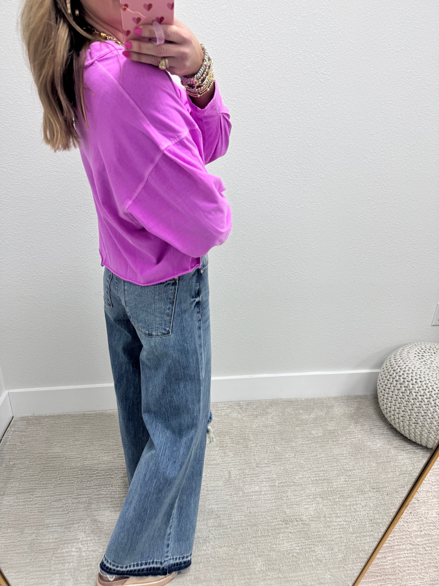 Bright Mauve Gather Sleeve Crop Long Sleeve