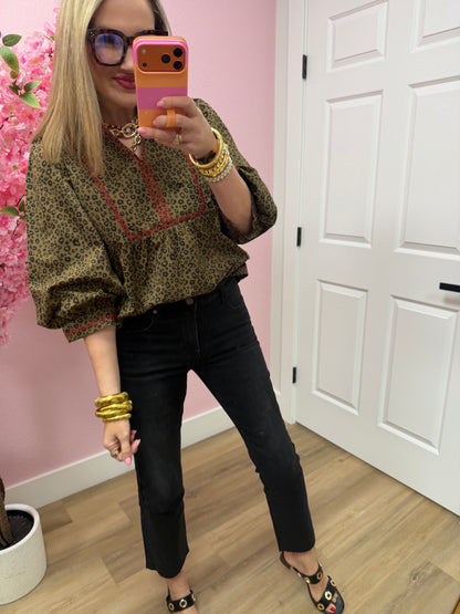 Animal Print Detail Stitched V Neck Ruffle Neck Top