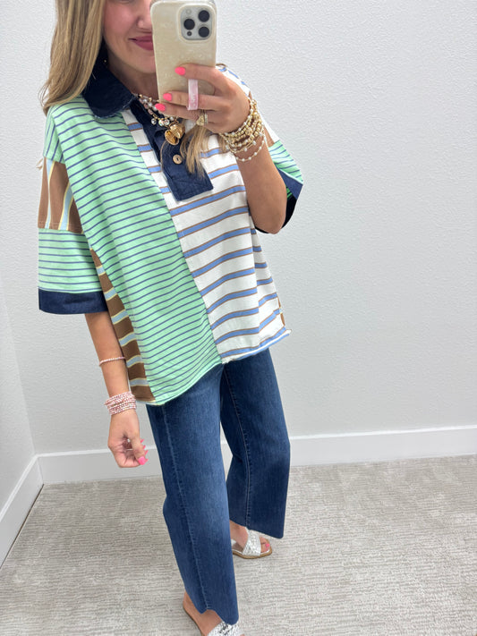 Denim Collared Multi Color Block Short Sleeve