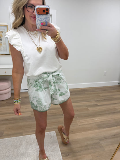 Green Toile Print Shorts