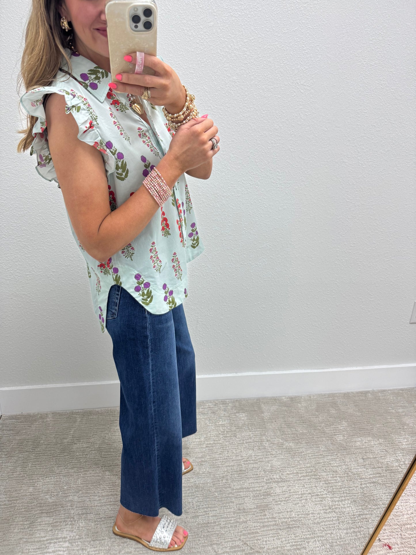 Mint Mix Floral Button Up Top With Rounded Bottom
