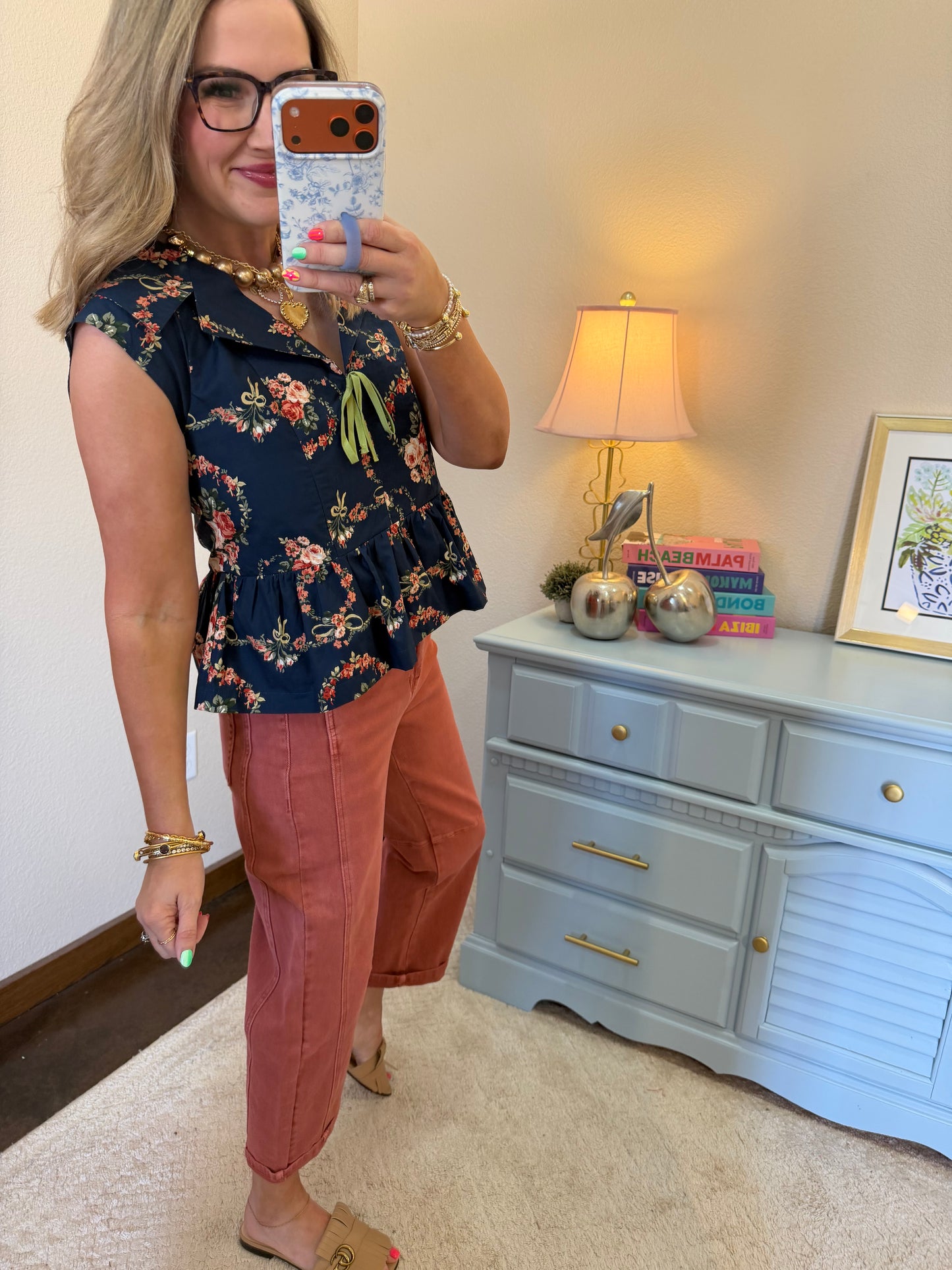 Navy Floral Print Bow Detail Cap Sleeve Blouse