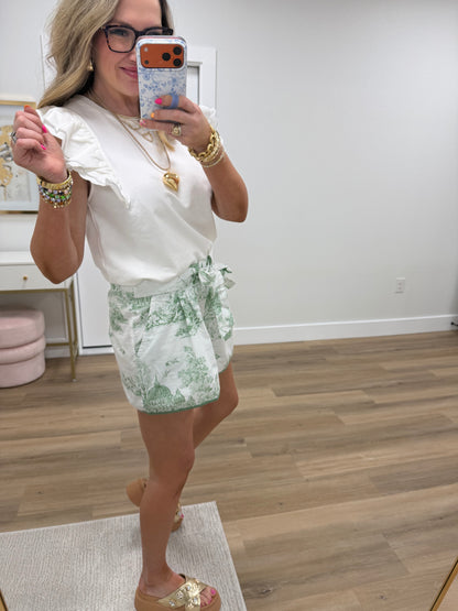Green Toile Print Shorts