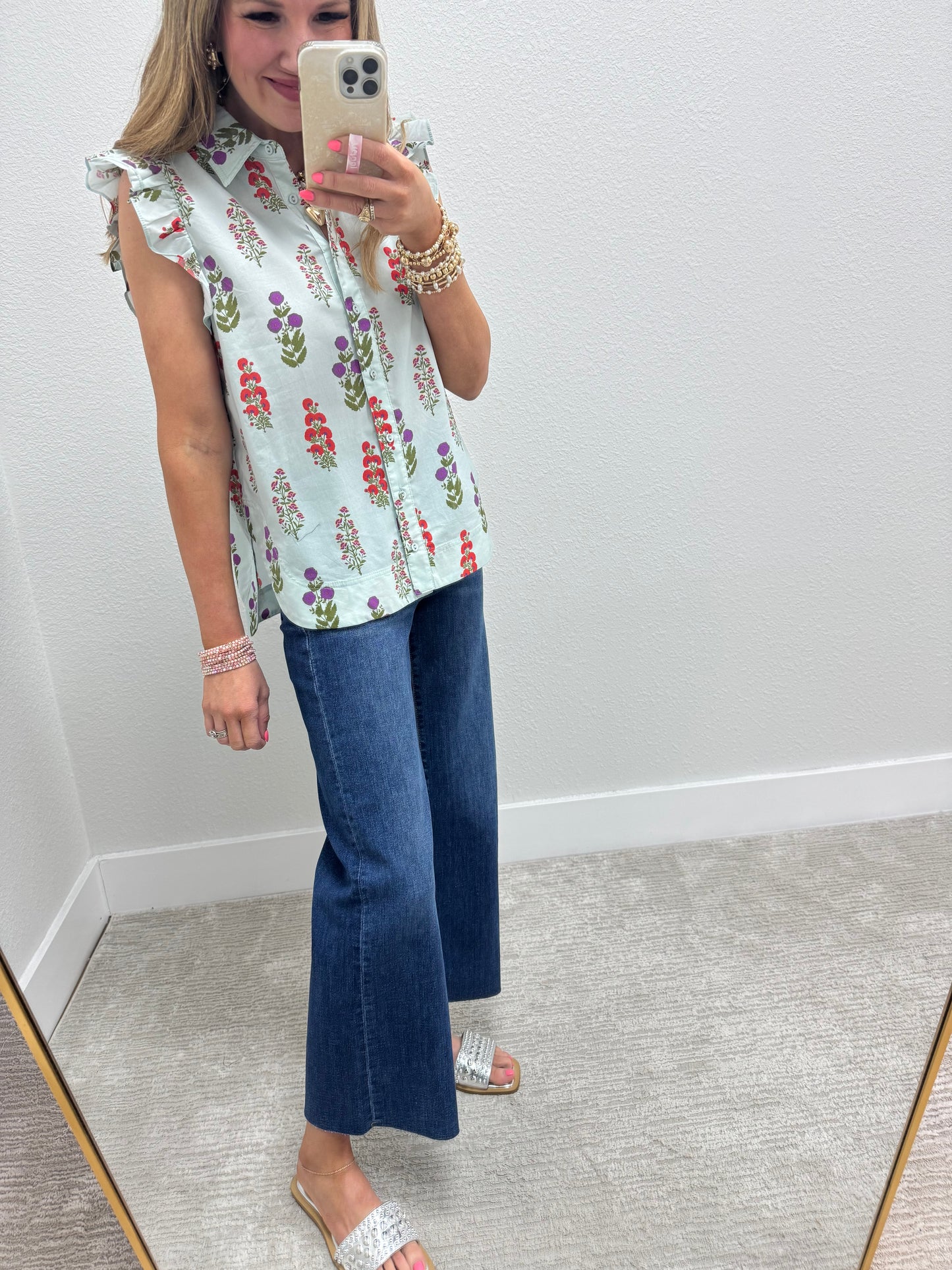 Mint Mix Floral Button Up Top With Rounded Bottom