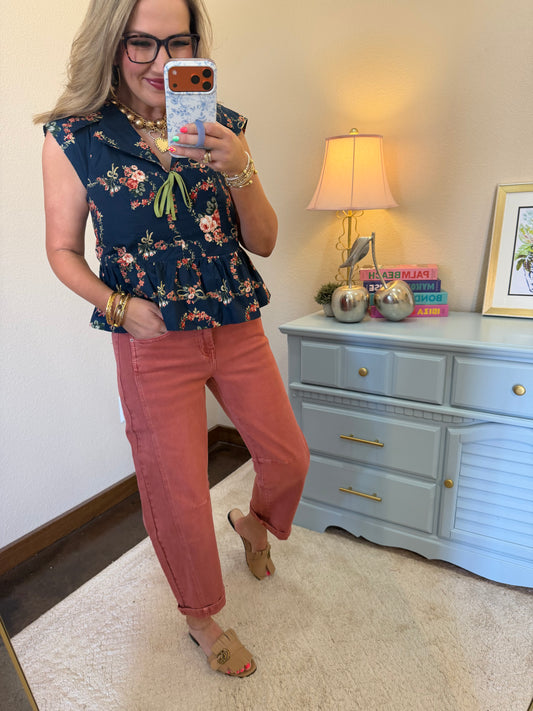 Navy Floral Print Bow Detail Cap Sleeve Blouse