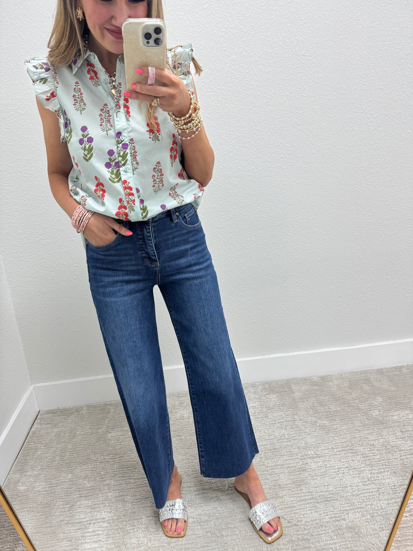 Mint Mix Floral Button Up Top With Rounded Bottom