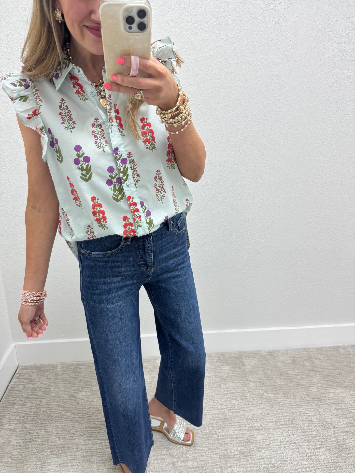 Mint Mix Floral Button Up Top With Rounded Bottom