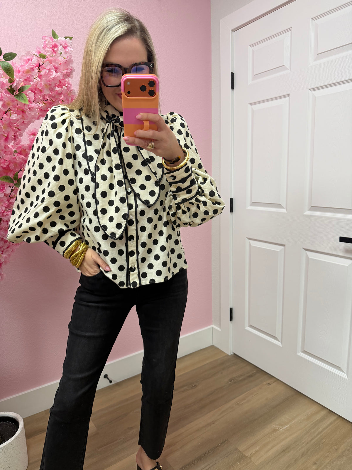 Off White Black Polka Dot Top