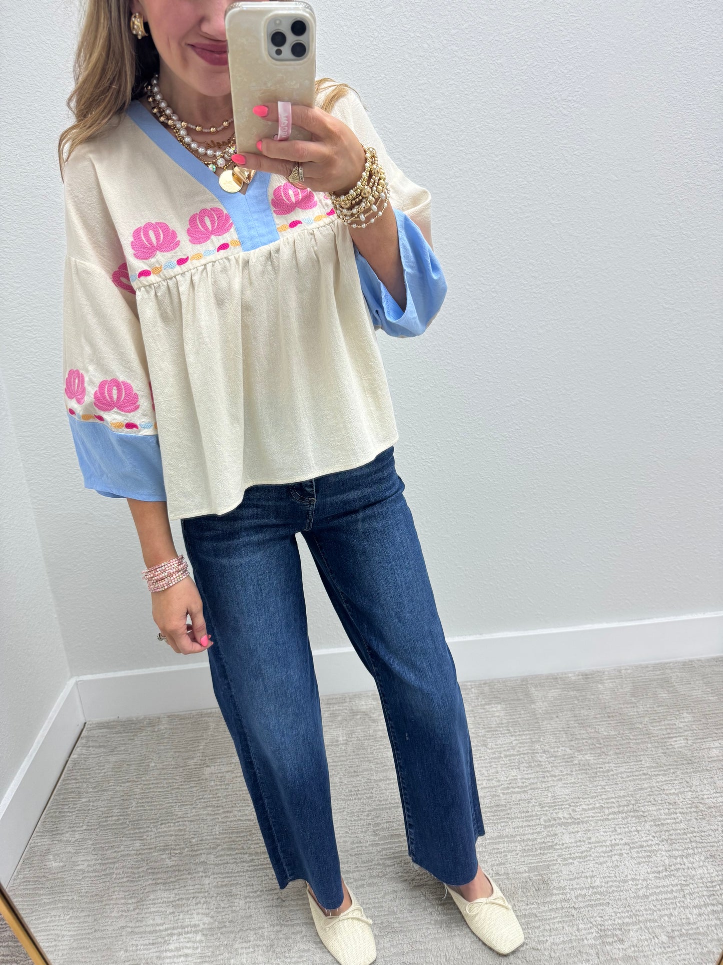 Ivory and Blue Embroidered 3/4 Sleeve Top