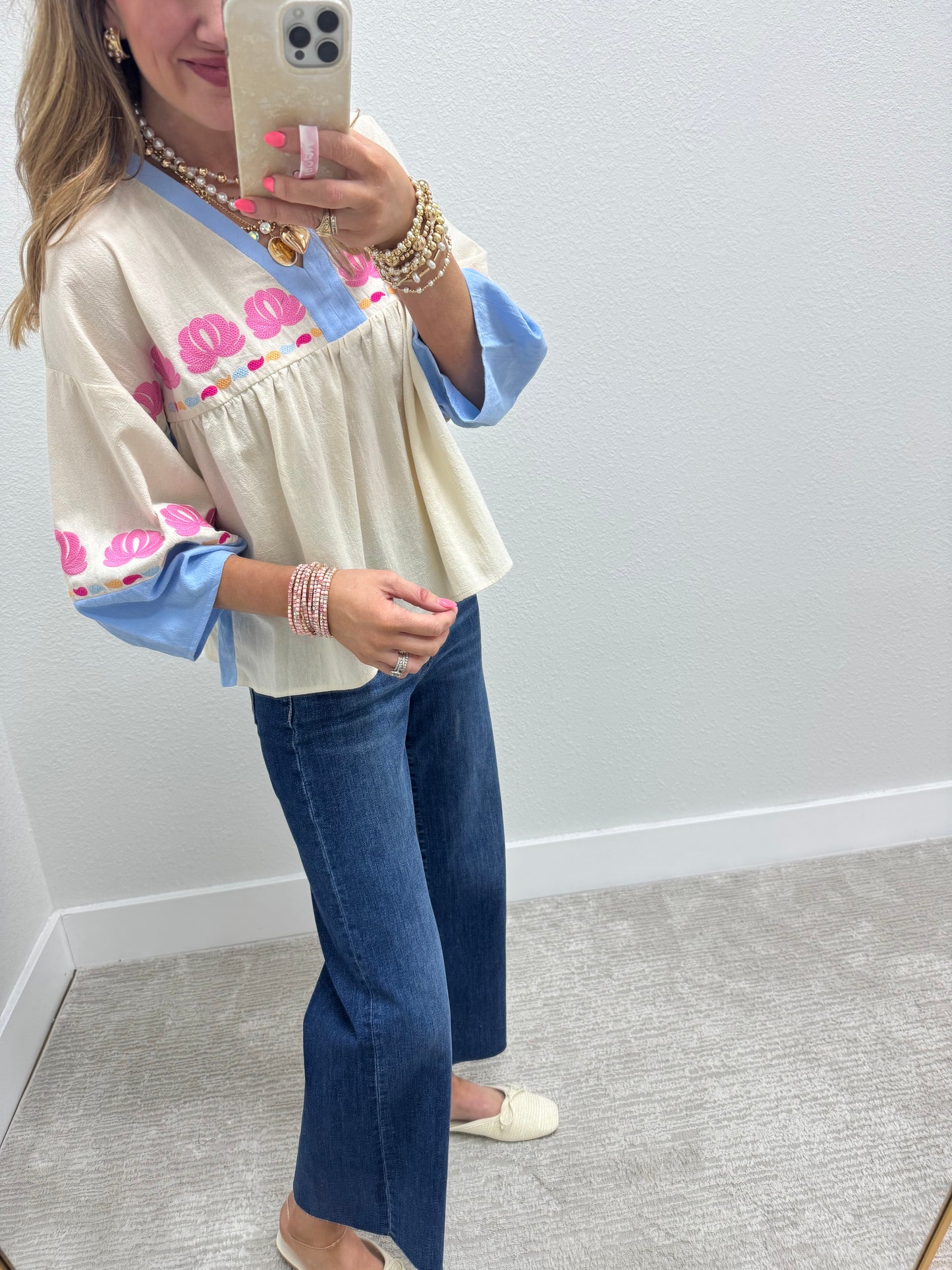 Ivory and Blue Embroidered 3/4 Sleeve Top
