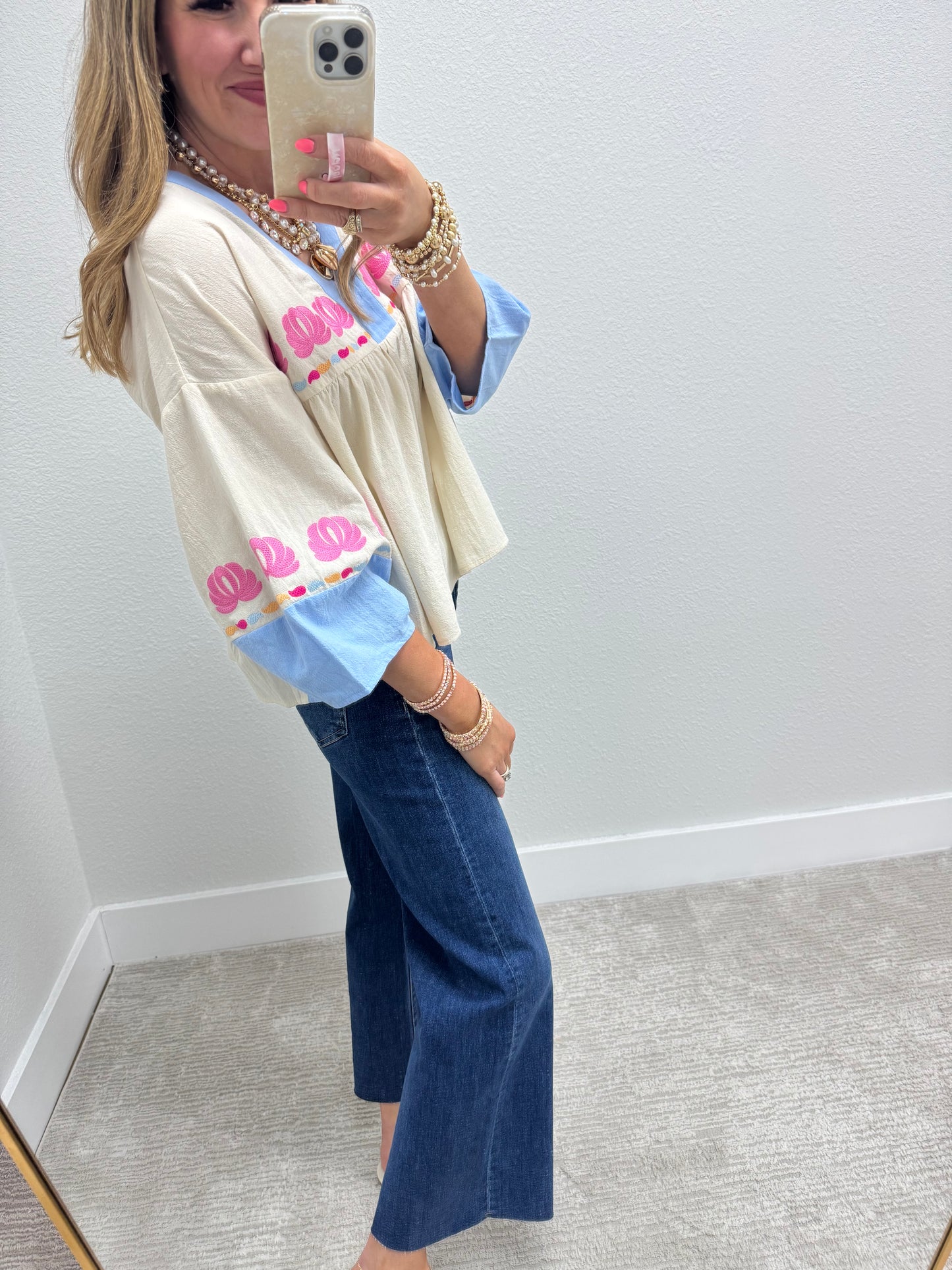 Ivory and Blue Embroidered 3/4 Sleeve Top