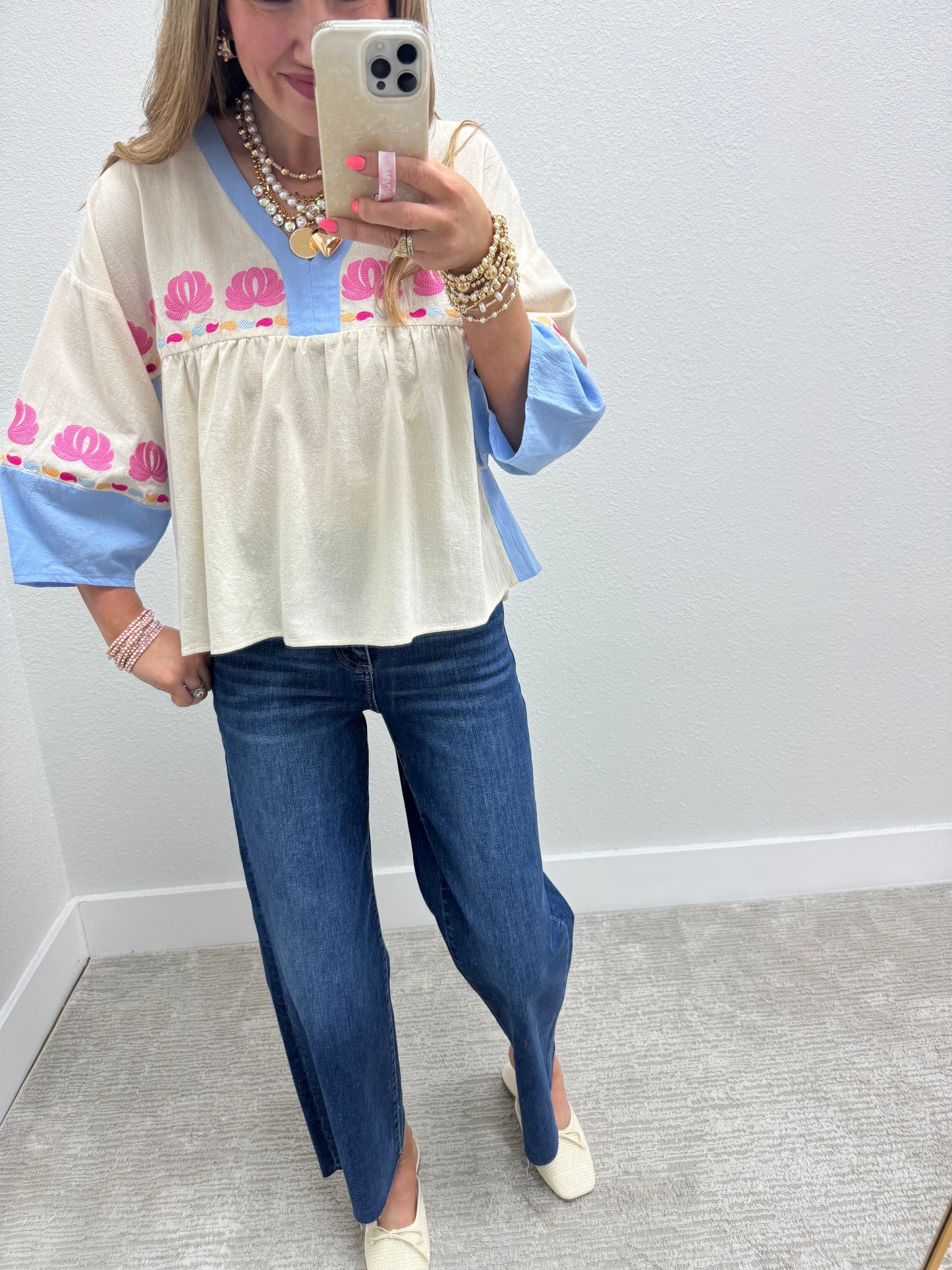 Ivory and Blue Embroidered 3/4 Sleeve Top