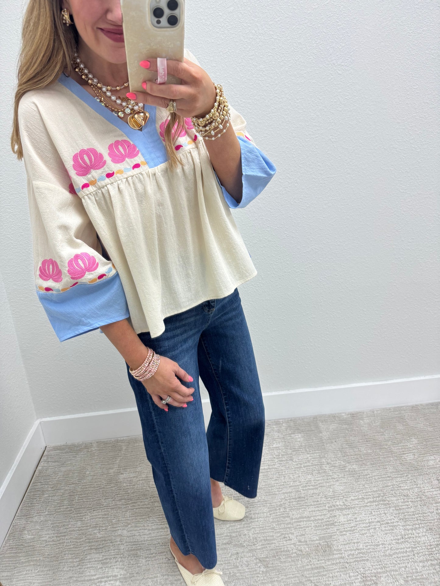 Ivory and Blue Embroidered 3/4 Sleeve Top
