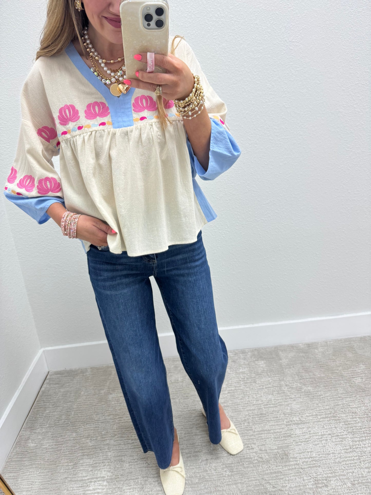 Ivory and Blue Embroidered 3/4 Sleeve Top