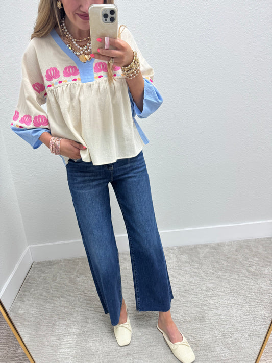 Ivory and Blue Embroidered 3/4 Sleeve Top