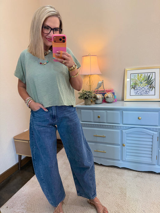 Sage Green Acid Washed Cross Detail Open Back Top