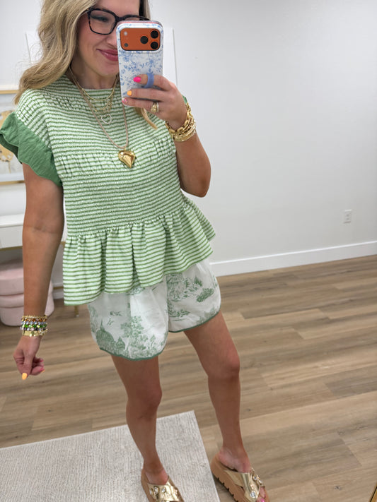 Sage Stripe Ruffle Sleeve Peplum Top