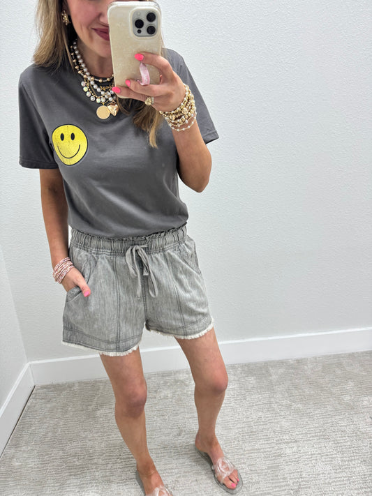 Gray Denim Elastic Waist Shorts