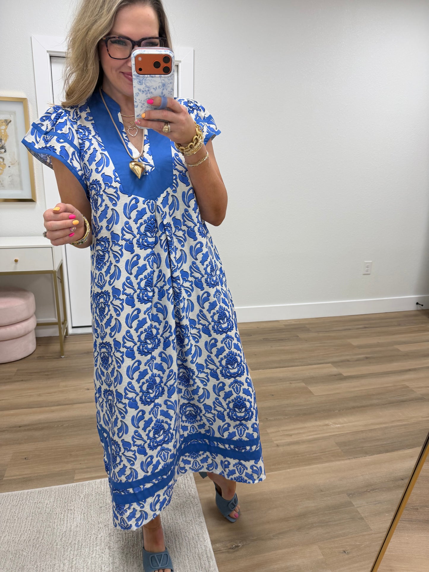 Blue Abstract Two Tone Print Midi Dress FS