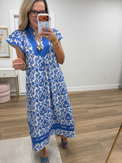 Blue Abstract Two Tone Print Midi Dress FS