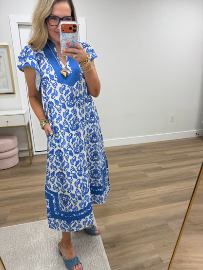 Blue Abstract Two Tone Print Midi Dress FS