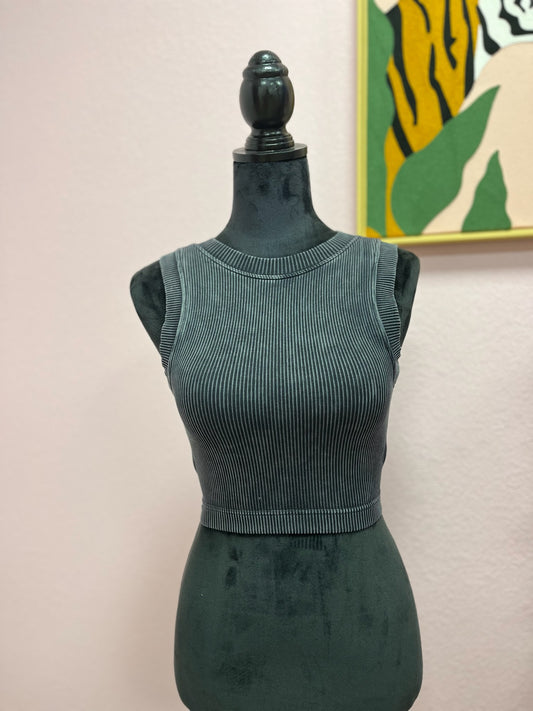 Black Seamless Ribbed Crop Tank With Built In Bra
