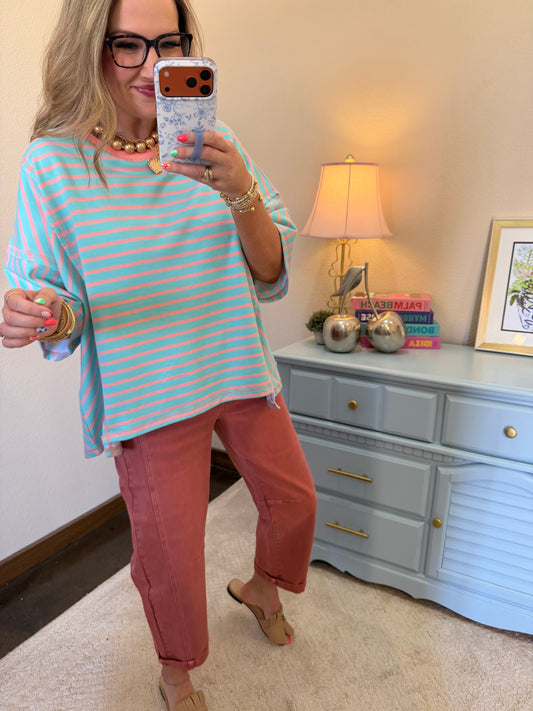Salmon & Jade Striped Block Over-sized Short Round Neck