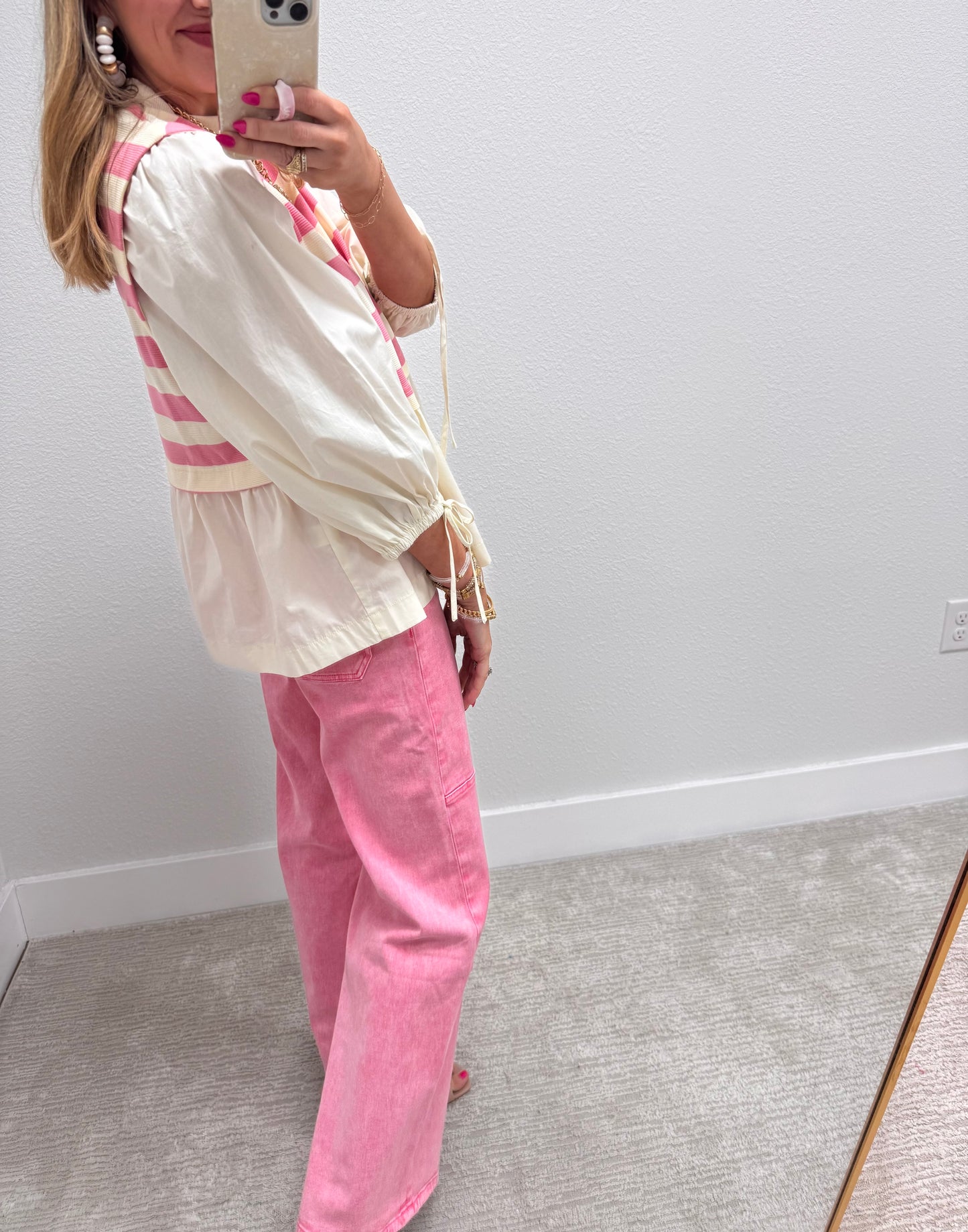 Pink Striped Layered Knit Bodice Gathered Blouse