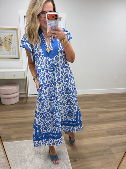 Blue Abstract Two Tone Print Midi Dress FS